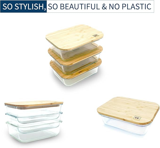 DE Glass Food Storage Containers with Bamboo Lids (3 Pack, 51 Ounce) Eco Friendly Meal Prep Glass Containers Reusable BPA Free Bento Lunch Box Airtight Plastic Free Glass Container with Lid