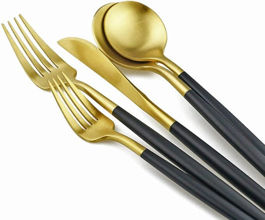 Black Gold Flatware, Royal 20 Piece Matte Black Handle 18/10 Stainless Steel Tableware Sets for 4 Including Forks Spoons Knives, Camping Silverware Travel Utensils Set Cutlery (Black Gold)