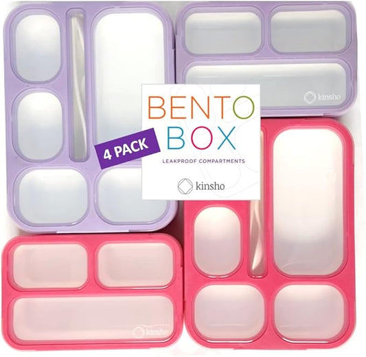kinsho Bento Box Lunch Boxes and Snack Containers, Value Pack for Kids Girls Boys | Leakproof Portion Boxes for School Pre-School Toddler Daycare Travel, BPA Free | Set of 4, Pink Purple