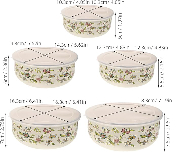 Hemoton 5pcs Enamel Mixing Bowls with Lids - Stackable Food Storage Bowls for Salad, Fruit, Soup - Retro Design for Home Use, 4.05 X 4.05 X 1.96 Inch