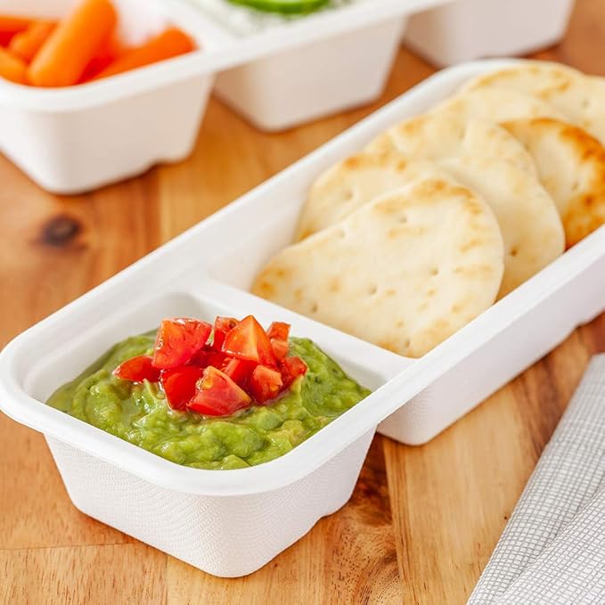 Restaurantware Pulp Tek 9.2 x 3.8 x 1.8 Inch Takeaway Food Boxes 100 Microwavable Take Out Containers - Lids Sold Separately Freezable White Bagasse Catering Food Containers 2 Compartments