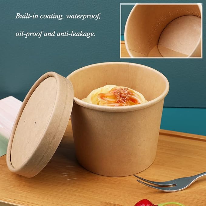 12 oz 50 Pack Paper Soup, Foods or Ice Cream Containers with Lids, Disposable Paper Food Cups, Soup Storage, Ice Cream Cups, Great For Restaurants or To-Go Lunch