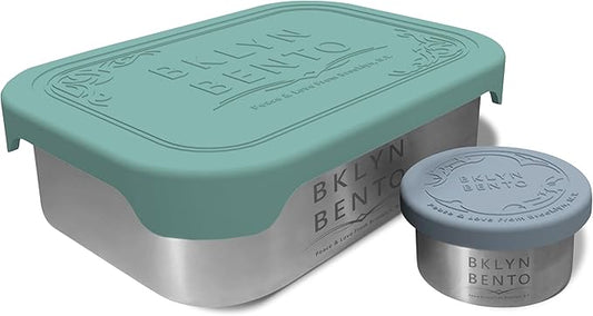 Stainless Steel Food Container & Condiment Holder | Leak Proof Silicone Lid | Metal Lunch Box | Bento Box | Portion Control Snacks Dressings [2 PCS Set/Green]
