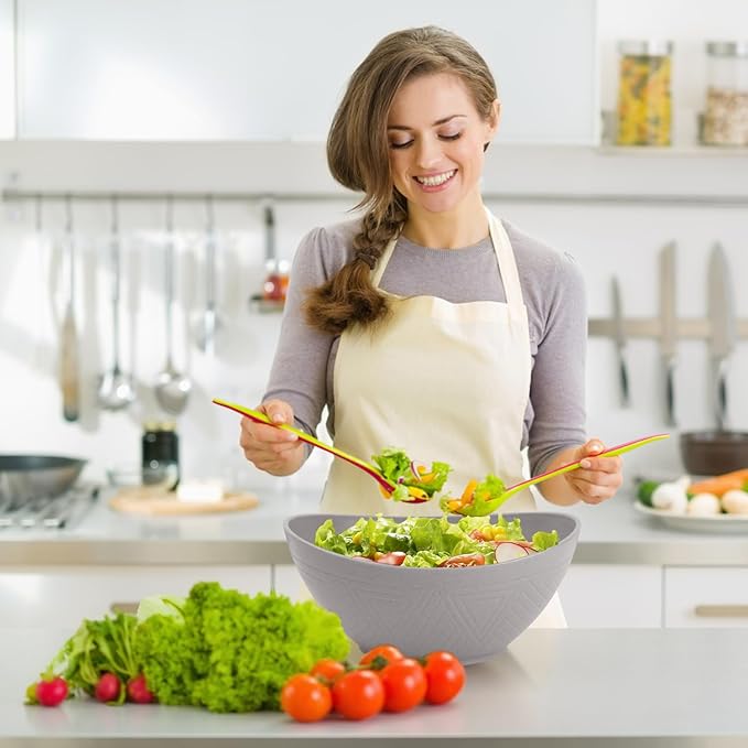 Homienly Wheat Straw Bowl Set Large Serving Bowls for Party 60 OZ Plastic Bowls Reusable Large Serving Dishes Microwave & Dishwasher Safe Prep Salad Bowls for Entertaining Bowl Set of 2 - Grey