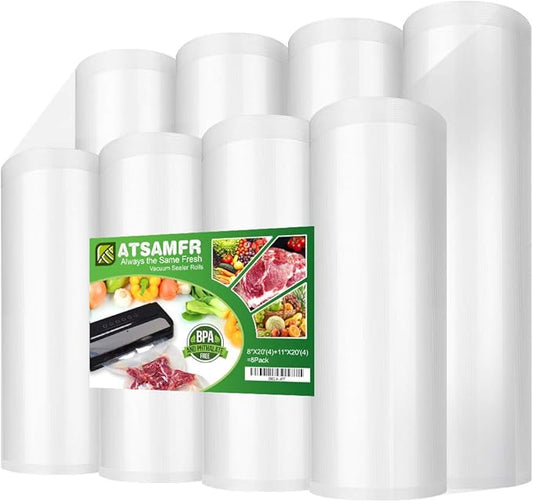 8 Pack 8"x20'(4Rolls) and 11"x20' (4Rolls) Vacuum Sealer Bags Rolls with BPA Free,Heavy Duty,Great for Vac storage or Sous Vide Cooking