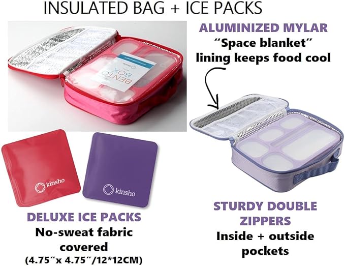 Bento Boxes with Bags and Ice Packs Set of 2. Lunch Box Snack Containers for Kids Boys Girls Adults. 6 Compartments, Leakproof Portion Container Insulated Bag for School Lunches, Pink, Purple