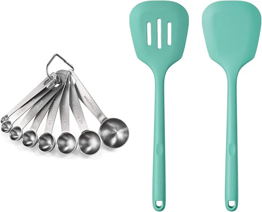 18/8 Stainless Steel Measuring Spoons Set for Dry and Liquid Ingredients (Set of 8), and 600ºF Heat Resistant Silicone Turners, 13.6in Long Solid & Slotted Kitchen Spatula (Aqua Sky)