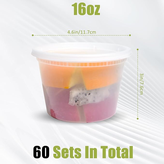 [60 sets] 16oz Plastic Soup Containers with Lids，Deli Containers with Lids，Food Storage Containers with airtight lid，Meal Prep Containers/BPA Free/Freezer Safe/Dishwasher Safe/Microwave Safe/Stackable