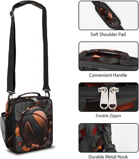 Basketball Kids Lunch Box Art Painting Basketabll Insulated Lunch Bag Tote for Girls Boys Cooler Freezable Meal Prep Bag with Shoulder Strap Waterproof Lunch Container for School Office Picnic