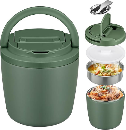 MAXSO Lunch Container 40 oz for Adults Stainless Steel Vacuum Insulated Food Jar, Soup Thermo for Hot Food Thermal Bento Box, Wide Mouth Leakproof Buckle Lid with Spoon - Green