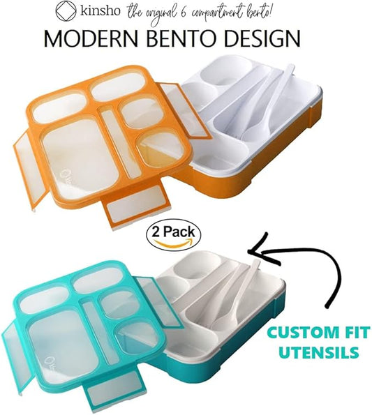 kinsho Bento Box for Kids, Lunch Boxes Snack Containers with 6 Compartments for School, Boy Girl Adults Leakproof BPA Free Teal + Orange 2 pack set