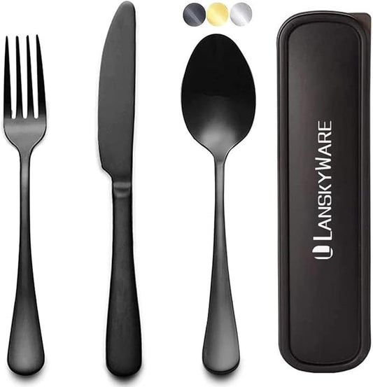 Portable Travel Utensils Set, 18/8 Stainless Steel 3 PCS Cutlery Set Including Knife Fork and Spoon, Reusable Travel Silverware Set with Case for Lunch Box Camping School Office