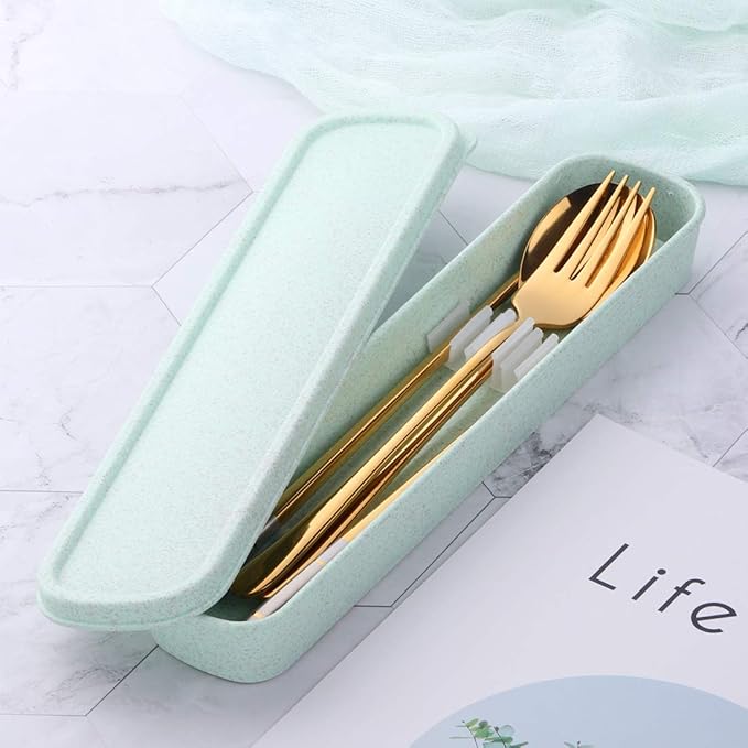 3 PCS Stainless Steel Travel Camping Flatware Set Fork Spoon Chopsticks with Portable Case, Gold