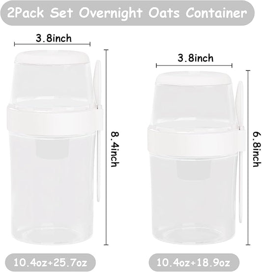 2 Pack Reusable Leak-Proof Overnight Oats Container with Dual-Layer Compartment, Built-in Dipping Box, with Spoon & Airtight Lids, Meal Prep Jar for Yogurt Parfait, Chia Pudding (White)