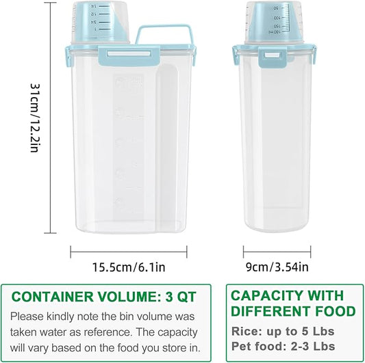 TBMax Rice Container Cereal Storage Container 2 Pack 5 Lbs, Plastic Kitchen Pantry Food Storage Container with Cup, Small Pet Dog Cat Food Container Dispenser -Blue