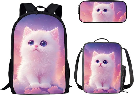 Dolyues White Cat 17-inch School Backpack, Convenient Dual-Shoulder Lunch Bag, & Practical Pencil Pouch – Ideal for Organizing School Supplies & Meals