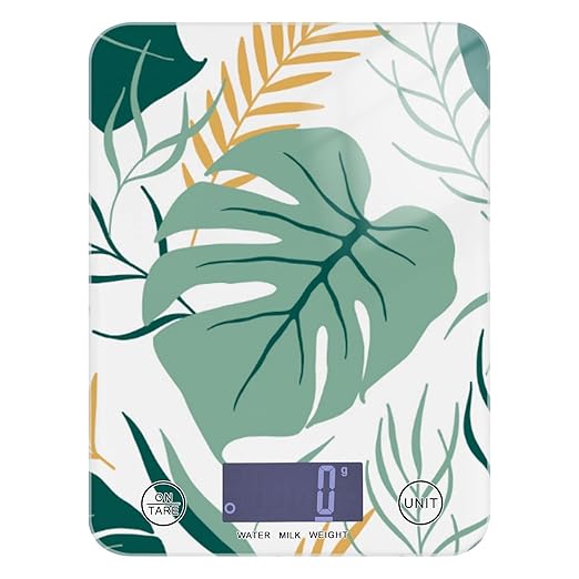 Food Scale Kitchen Digital Scale Food Ounces and Grams Dieting Baking Cooking Waterproof Glass Panels LCD Display,4 Units Scale Tare Function Palm Leaves