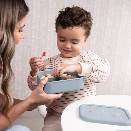 Silicone Bento Box For Kids And Toddlers - 3 Leakproof Compartments - Dishwasher, Oven And Microwave Safe - Eco friendly BPA free - For Daycare Elementary School Lunch, Snacks (Space Blue)