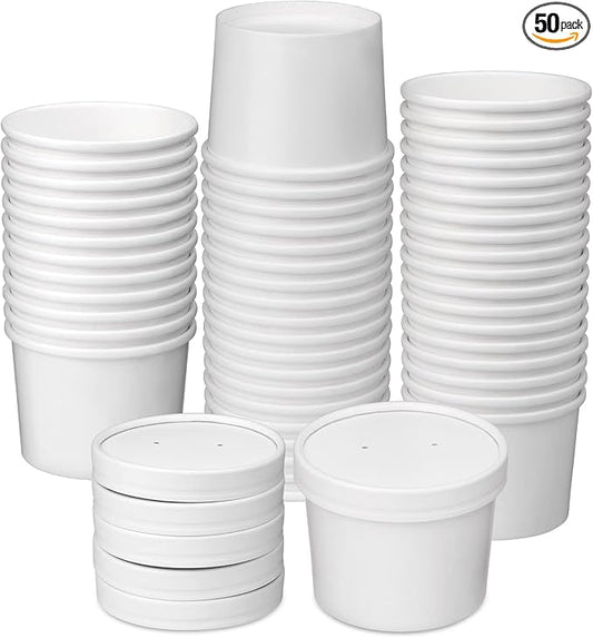 12 oz 50 Pack Paper Soup Containers with lids, Disposable Kraft Food Cups, Soup Cups Paper Ice Cream Cup, Dessert Cup, Yogurt Ice Cream Containers. Great For Restaurants, Take Outs, or To-Go Lunch
