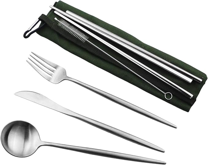 Reusable Travel Utensils, 7 Pieces Portable 18/10 Stainless Steel include Knife Fork Spoon Chopsticks Cleaning Brush Straws Portable Pouch, Eco-friendly Camping Silverware Set, Dishwasher Safe