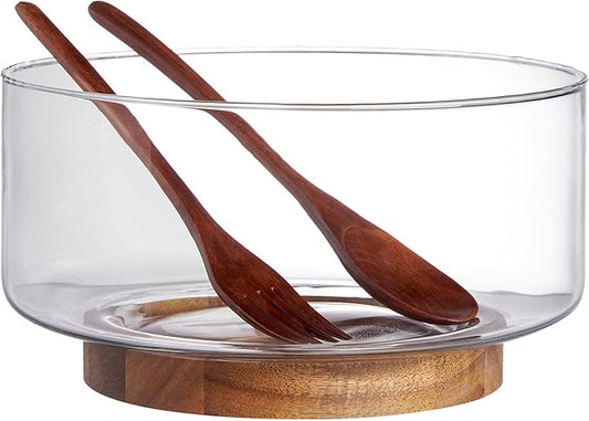 LiTY Glass Salad Bowl Set, 9″ Medium Salad Servers with Acacia Wood Base and Salad Serving Utensils, for Party, Fruits, Popcorn, Chips, Pasta, Kitchen Must-Have