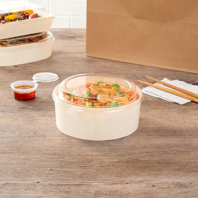 Restaurantware LIDS ONLY: Taipei 6.8 x 6.3 x 0.8 Inch Round Transparent Lids 100 Plastic Lids For 16 And 34 Ounce Round Wooden Containers - Containers Sold Separately Clear Plastic To Go Box Lids