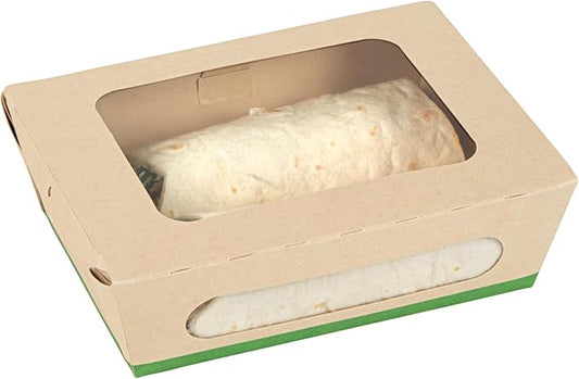 Restaurantware-Sustain 28 Ounce Sturdy Paper Take Out Boxes, 50 Disposable Take Out Food Containers - With PLA lining, Two Clear PLA Windows, Bamboo Paper Containers, Compostable, Tab-Lock Design