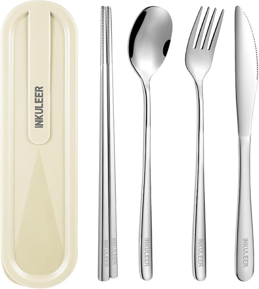 INKULEERTravel cutlery set, 18/8 stainless steel cutlery, Reusable utensils set with case, Portable Silverware Lunch Box for Camping and Office (Silver)