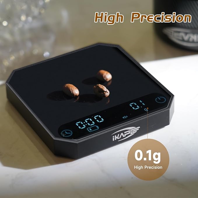 IKAPE Mini Digital Coffee Scale with Timer, 2kg/0.1g High Precision Rechargeable Drip Espresso Scale, Pour Over Scale with Tare Function, LED Display(Black)