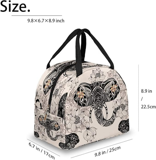 Insulated Lunch Bag for Women Men Elephant Ethnic Flower Waterproof Thermal Tote Bag Reusable Lunch Box Container Lunch Holder Leakproof Lunch Cooler Bag Picnic Travel Work