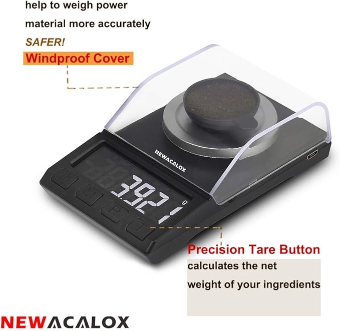Milligram Scale with USB Supply, NEWACALOX Reloading Scale 100 x 0.001g, High Precision Portable Multifunction Lab Powder Scales with Calibration Tare Weights, Tweezers, Weighing Pans Black