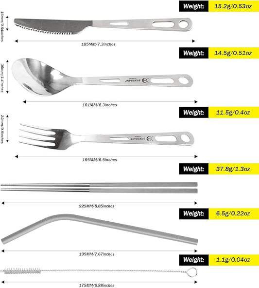 Titanium Camping Flatware, Titanium Spork Spoon Chopsticks Knife Straw Cutlery Set PortableTableware for Lunch Box Outdoor & Hiking, Comes with Drawstring Bag & Carabiner- Polished