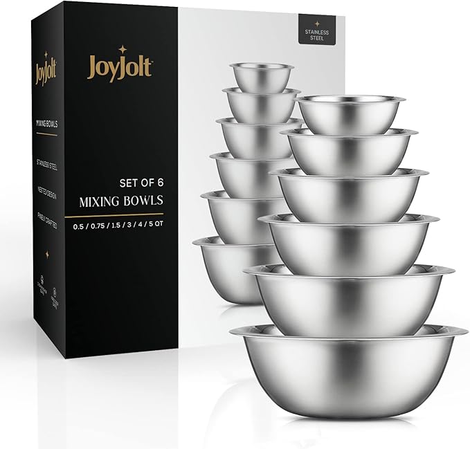 JoyJolt Stainless Steel Mixing Bowl Set - 6 Piece Nesting Bowls, 5qt to 0.5qt, Black, Perfect for Dough, Batter & Baking