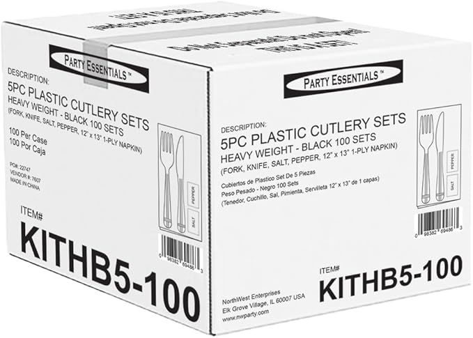 Party Essentials Individually Wrapped Black Plastic Utensil Sets/Heavy Duty Flatware Packs, Fork/Knife/Napkin/Salt/Pepper, 100 Sets