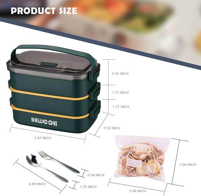 HEWOOH Large Bento Box Adult Lunch Box (74 Oz Large Capacity), Reusable, Including Lunch Bag, Fork And Spoon, 3 Dividers, Suitable For Work, Picnic, Dishwasher And Microwave Safe. （Green）
