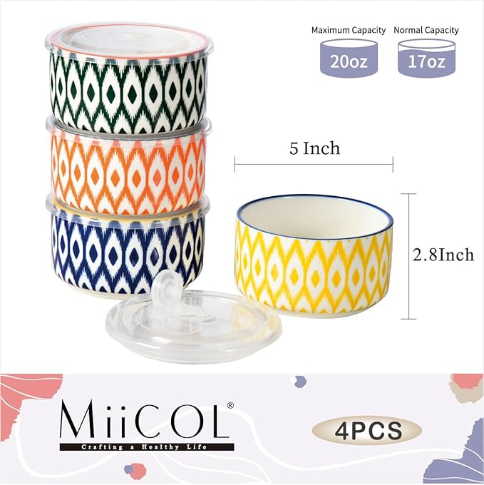 Miicol Ceramic Bowls with Lids Set of 4, Food Storage Containers 20 Oz, Porcelain Serving Bowls 5 Inch, Colorful Mixing Bowl, Kitchen Bowl for Meal Prep, Picnic, Lunch