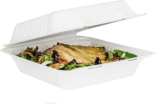 KARAT EARTH Clamshell Take Out Food Containers [9"x9", 200 ct ] Compostable To Go Containers, Natural Biodegradable Bagasse | White