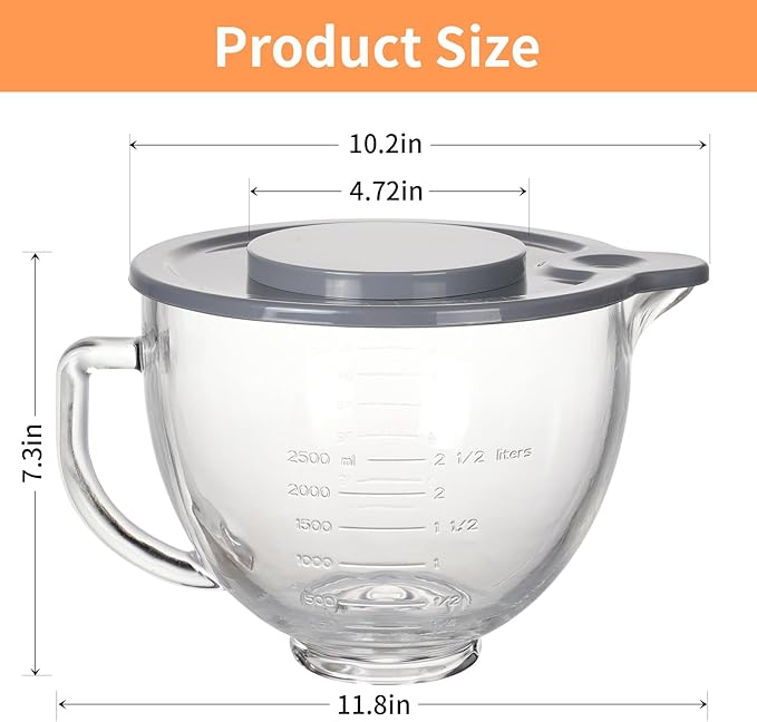 5QT Glass Bowl Compatible with KitchenAid 4.5 and 5-Quart Tilt Stand Mixers,Glass Mixing Bowl with Lid, Measurement Markers and Handle, Dishwasher Safe