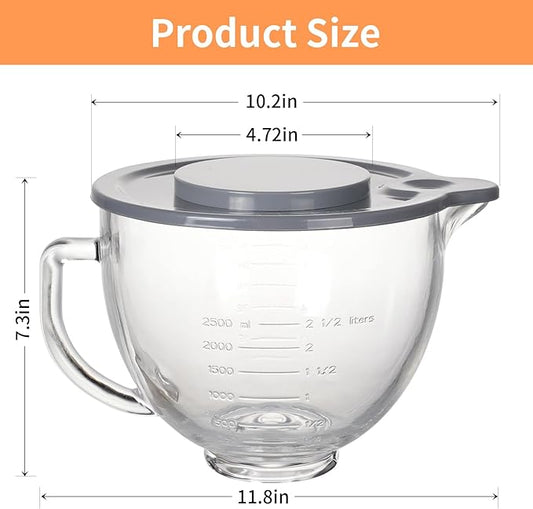5QT Glass Bowl Compatible with KitchenAid 4.5 and 5-Quart Tilt Stand Mixers,Glass Mixing Bowl with Lid, Measurement Markers and Handle, Dishwasher Safe
