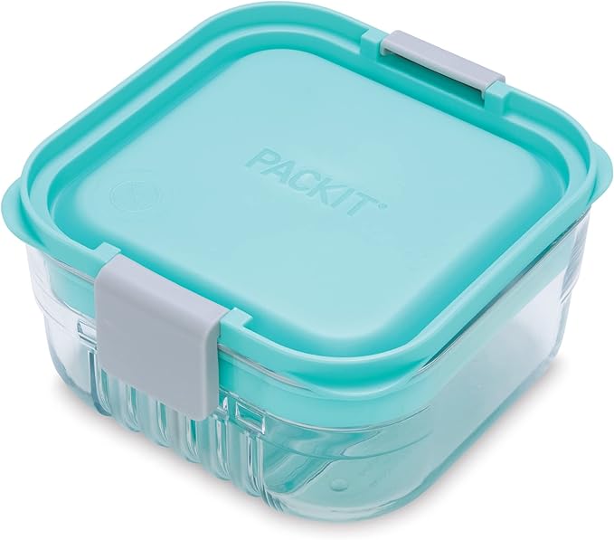 PackIt Mod Snack Bento Food Storage Container, Mint Green, Shatterproof Crystal Clear Base, with Leak-resistant Dividers and Lid, Microwavable, Dishwasher Safe, Perfect for Snacks