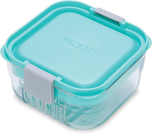 PackIt Mod Snack Bento Food Storage Container, Mint Green, Shatterproof Crystal Clear Base, with Leak-resistant Dividers and Lid, Microwavable, Dishwasher Safe, Perfect for Snacks