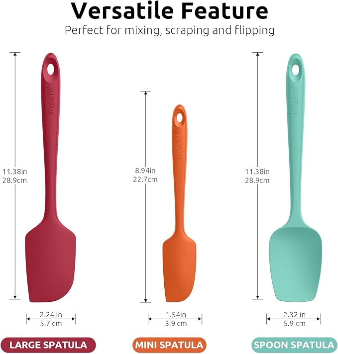 U-Taste 600ºF Heat Resistant Food Grade Silicone Spatula Set of 3, and 18/8 Stainless Steel Square Measuring Spoons Set of 8 (Multicolors+Silver)