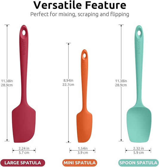 U-Taste 600ºF Heat Resistant Food Grade Silicone Spatula Set of 3, and 18/8 Stainless Steel Square Measuring Spoons Set of 8 (Multicolors+Silver)