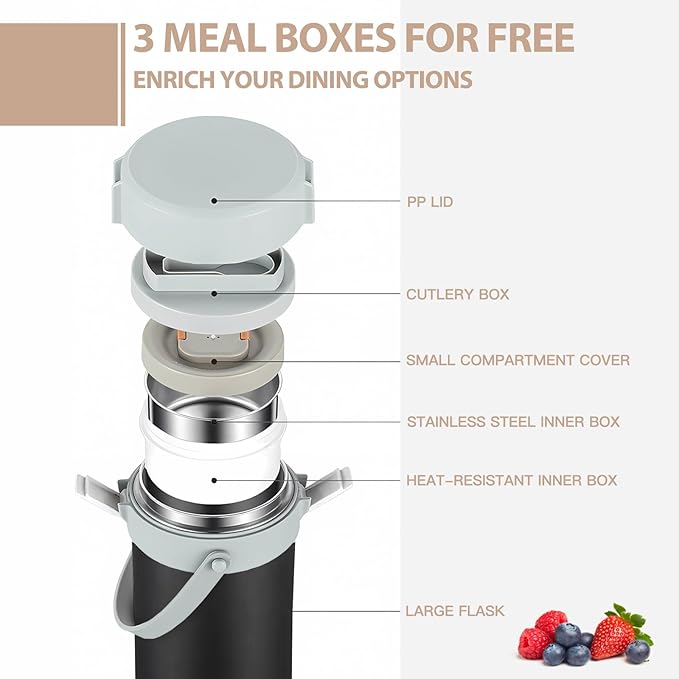 67oz Thermo for Hot Food, 3 Tier Stainless Steel Leak Proof Stackable Thermo Food Jar, lunch box Containers With Folding Spoon For Office Picnic Travel Outdoors (Matte Black)