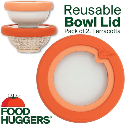 Food Huggers Replacement Lids for Glass Storage Containers | Silicone & Glass Lids that Don’t Crack | Fits Most Round Container Brands & Bowls | 100% Plastic Free | 2 Lid Set (S,M), Terracotta