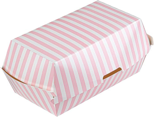 Restaurantware Bio Tek 6.7 x 3.5 x 3.5 Inch Clamshell Food Containers 100 Disposable Sandwich Containers - Hinged Lid Tab-Lock Closure Pink And White Paper Hot Dog Containers Greaseproof
