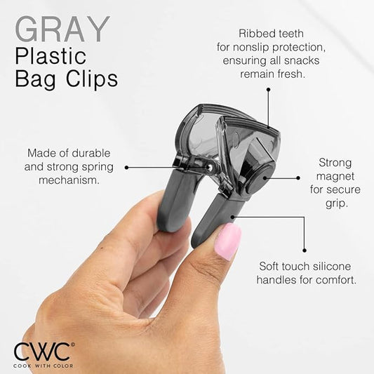 COOK WITH COLOR Bag Clip with Magnet- Chip Bag Clip, Sealing Food Clips, Plastic Clips for Food and Kitchen Storage, Chip Clip and Snack Bag Clips, 6 Pack, Gray