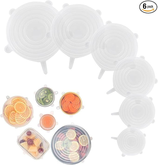 Silicone Stretch Lids – 6 Pack Reusable Food Covers,Flexible Silicone for Bowls, Containers, Fruits – Airtight & Leakproof Seal for Kitchen Storage(transparent)
