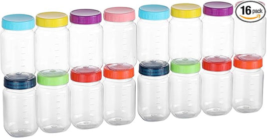 novelinks 16 Pack Plastic Jars 16 oz With Colorful Lids Wide-mouth Mason Jars 16 oz With Lids Plastic Containers For Storge Decoration (16)