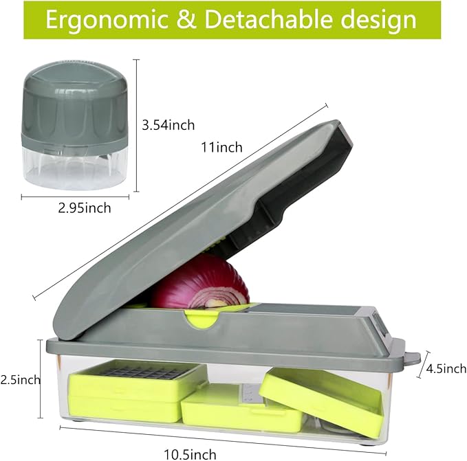 LHS Vegetable Chopper, Multifunctional Food Chopper, Pro Onion Chopper, Vegetable Slicer Dicer Cutter with 5 Blades, Veggie Chopper with Container, 3 in 1 Spiralizer Included(9-in-1,Grey)